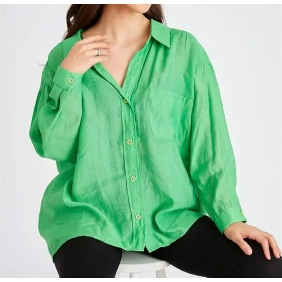 OSOS DESIGN Linen Blend Sz 24 Curve Lime Green Longsleeve  Blouse Womens Top - Picture 1 of 12
